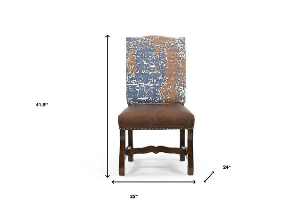 HomeRoots Set of Two Rustic Solid Wood Dining Side Chairs with Chenille and Leather Upholstery for Comfort 552133