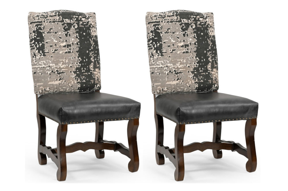 HomeRoots Set of Two Rustic Mango Wood Upholstered Dining Chairs with Leather Seats and Vintage Chenille Back 552134