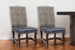 Homeroots Set Of Two Stylish Blue & Brown Solid Wood Upholstered Chenille Leather Dining Chairs For Any Room   552135