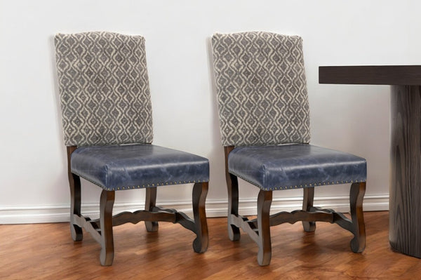 Homeroots Set Of Two Stylish Blue & Brown Solid Wood Upholstered Chenille Leather Dining Chairs For Any Room   552135