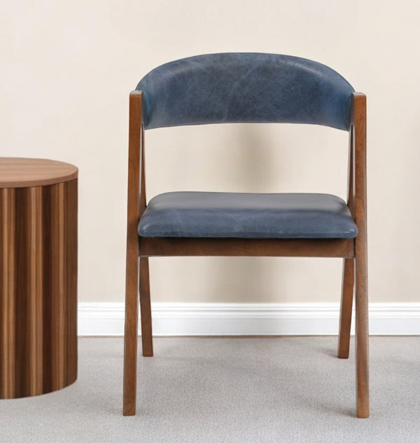 Homeroots 22" Blue And Brown Genuine Leather Arm Chair   552137