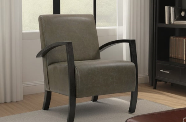 HomeRoots 26" Mid-Century Modern Green & Black Leather Armchair - Stylish Comfort with Unique Square Arms 552138