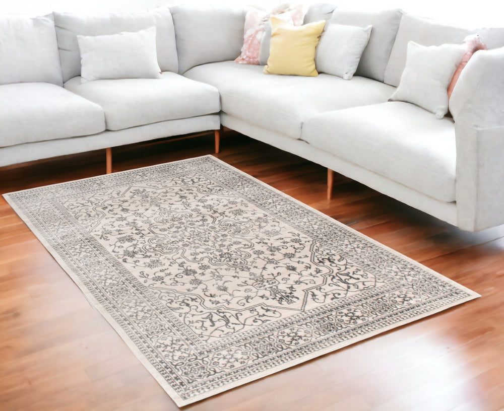 HomeRoots 5' Elegant Ivory and Gray Oriental Area Rug - Timeless Design, Durable, Stain-Resistant for Homes 5' X 8' 552148