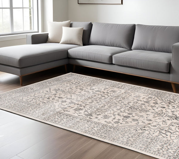 HomeRoots 5' Elegant Ivory and Gray Oriental Area Rug - Timeless Design, Durable, Stain-Resistant for Homes 8' X 10' 552149