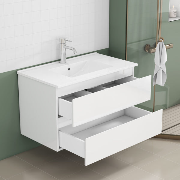 English Elm 31.5-inch Modern Bathroom Vanity with Integrated Ceramic Basin, Soft-Close Drawers, Black Accents Glossy White 35.04 L x 21.06 W x 6.89 H W3151S00064
