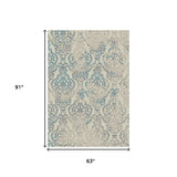 Homeroots 5' X 8' Ivory Blue And Gray Damask Distressed Area Rug Ivory Polypropylene 552164