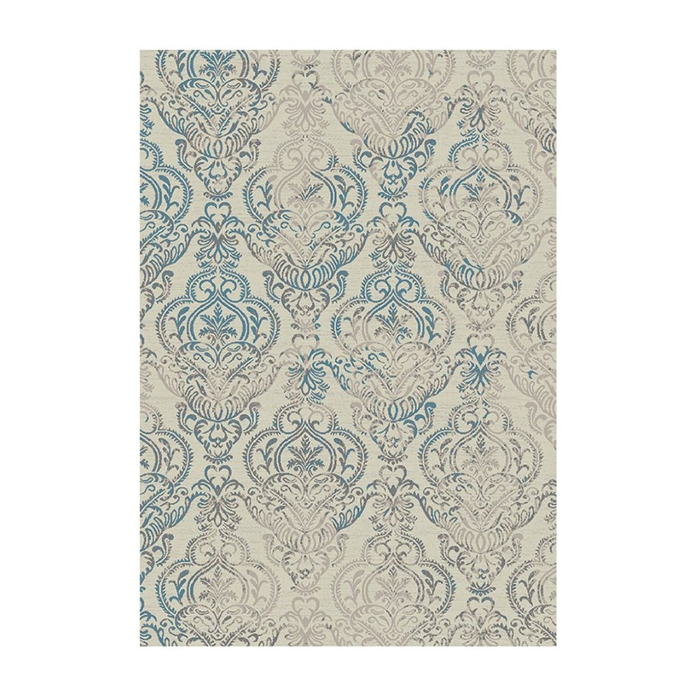 HomeRoots 5' Elegant Blue and Gray Damask Distressed Area Rug - Durable, Stain-Resistant, Vintage Style Decor Ivory 552164