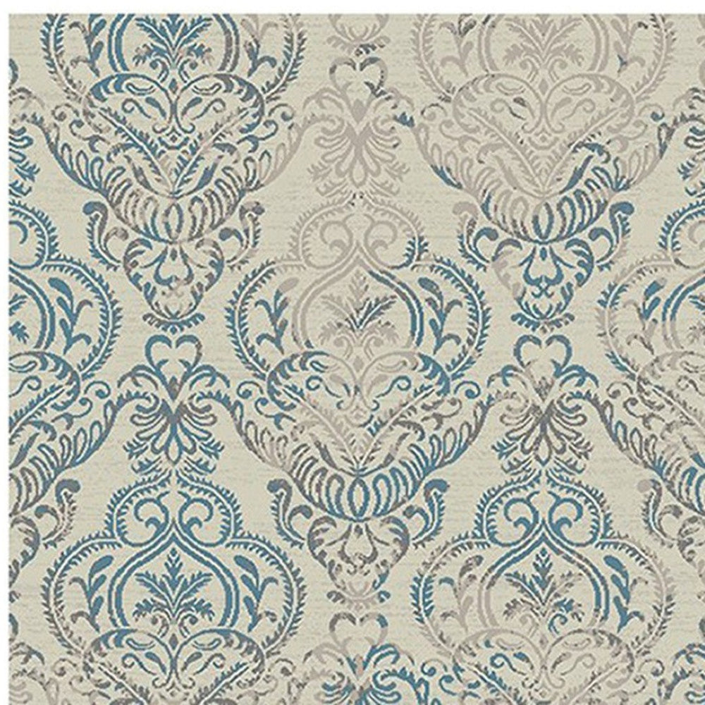 HomeRoots 5' Elegant Blue and Gray Damask Distressed Area Rug - Durable, Stain-Resistant, Vintage Style Decor Ivory 552164