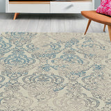 Homeroots 5' X 8' Ivory Blue And Gray Damask Distressed Area Rug Ivory Polypropylene 552164