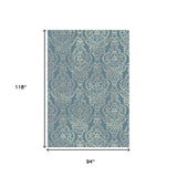 Homeroots 8' X 10' Blue And Beige Damask Distressed Area Rug Blue Polypropylene 552167