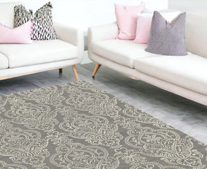 Homeroots 8' X 10' Gray And Beige Damask Area Rug Gray Polypropylene 552169