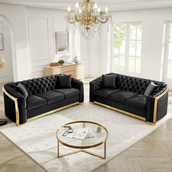 English Elm 84" Velvet Tufted Chesterfield Sofa Mid Century Three Seat Gold Trim Living Room Black W1191S00112