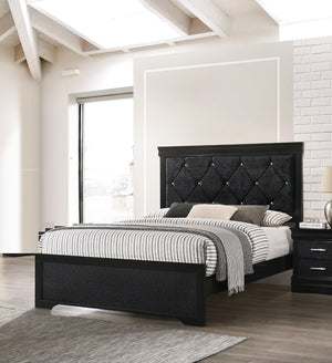 English Elm Modern King Panel Bed with Champagne Frame and Tufted Upholstered Headboard, Durable Wood Finish Black 46.86 L x 32.68 W x 4.53 H B011S01019