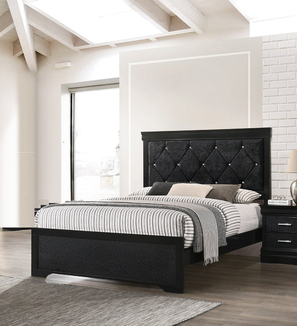 English Elm Modern King Panel Bed with Champagne Frame and Tufted Upholstered Headboard, Durable Wood Finish Black 46.86 L x 32.68 W x 4.53 H B011S01019