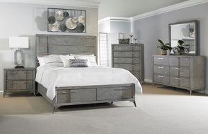 English Elm Gray King Storage Bed with Lighted Headboard, Book-Matched Veneer, 2 Drawers & Metal Accents for Modern Bedroom Luxury B2699S00034