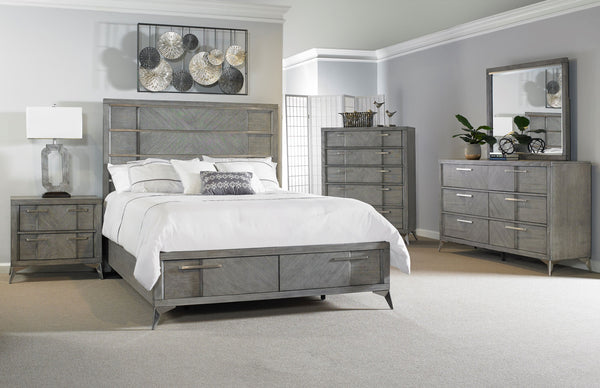 English Elm Gray Queen Storage Bed with Lighted Headboard, Book-Matched Veneer, 2 Drawers & Metal Accents B2699S00033