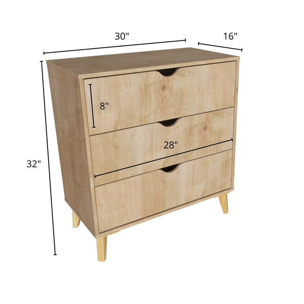 Homeroots 30" Elegant Three Drawer Dresser – Stylish Storage Solution With Ample Surface For Every Room Natural Manufactured Wood 552259