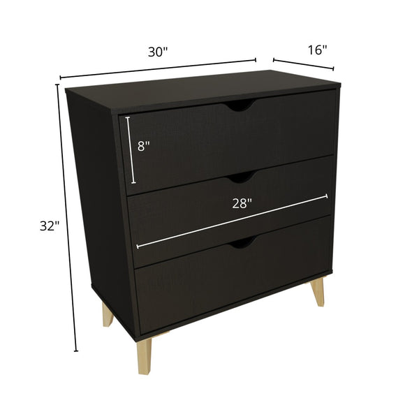 Homeroots 30" Elegant Three Drawer Dresser – Stylish Storage Solution With Ample Surface For Every Room Black Manufactured Wood 552261