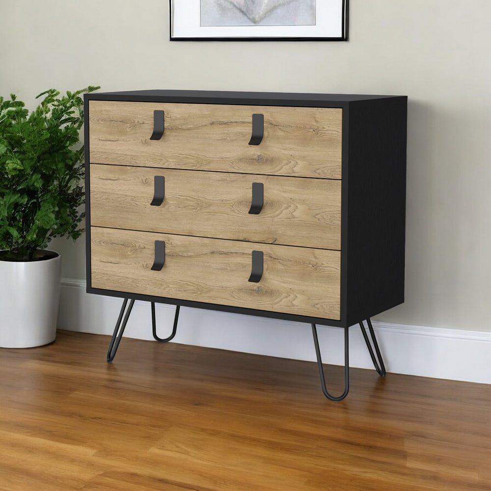 Homeroots 32" Natural And Black Three Drawer Dresser  Manufactured Wood 552270