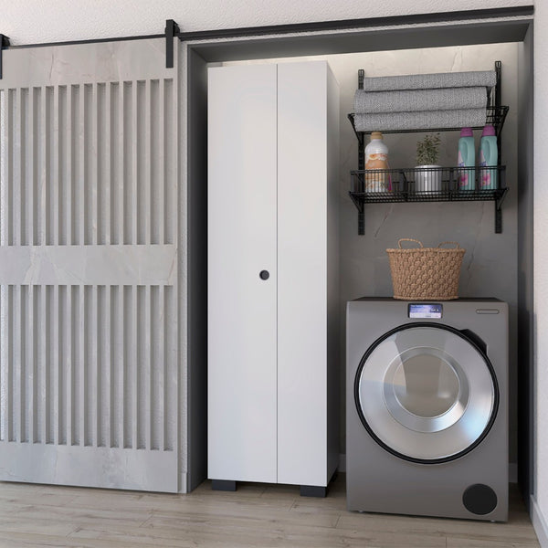 HomeRoots 71" White Wood Utility Cabinet with Adjustable Shelves - Space-Saving Storage for Modern Homes 552279