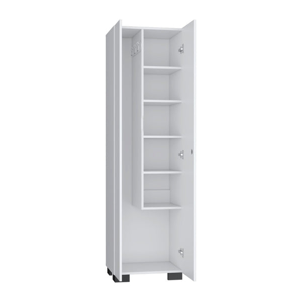 HomeRoots 71" White Wood Utility Cabinet with Adjustable Shelves - Space-Saving Storage for Modern Homes 552279