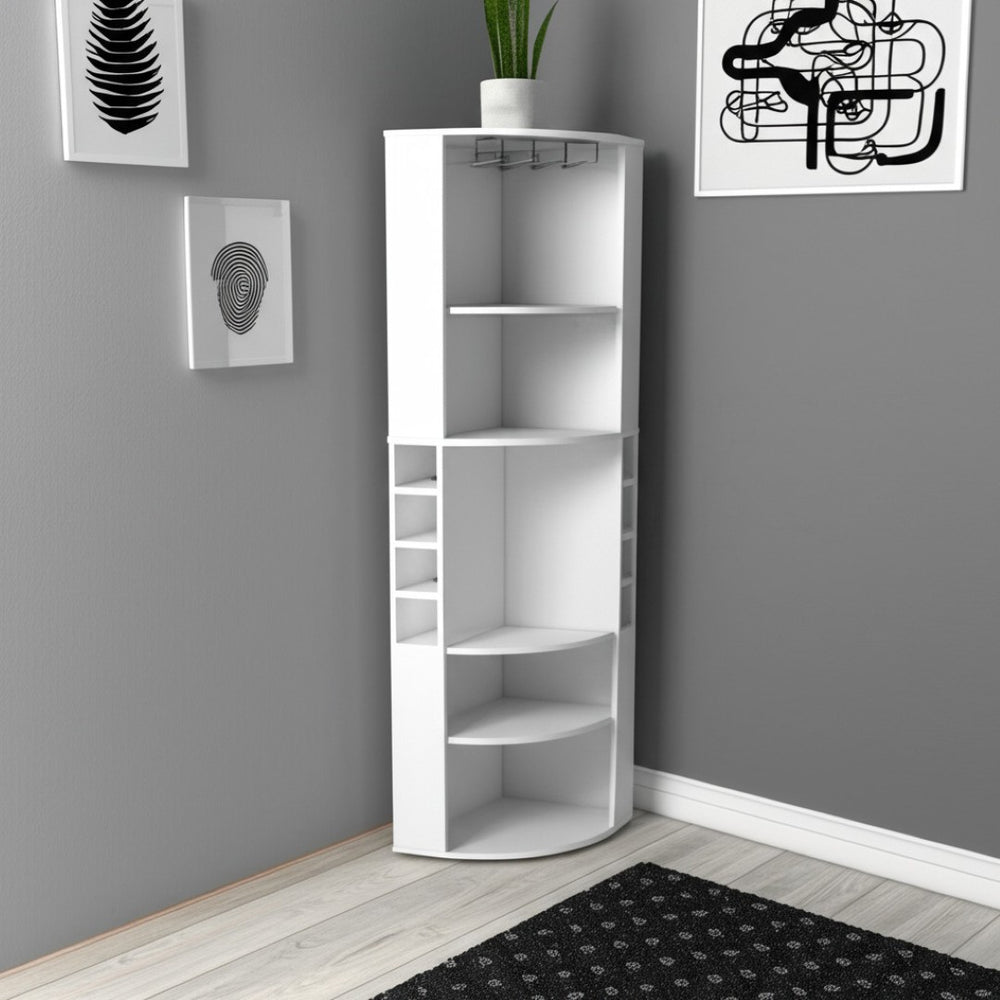 HomeRoots 71" White Wood Corner Bar Cabinet – Space-Saving Design with Wine Storage & Glassware Display for Home 552280
