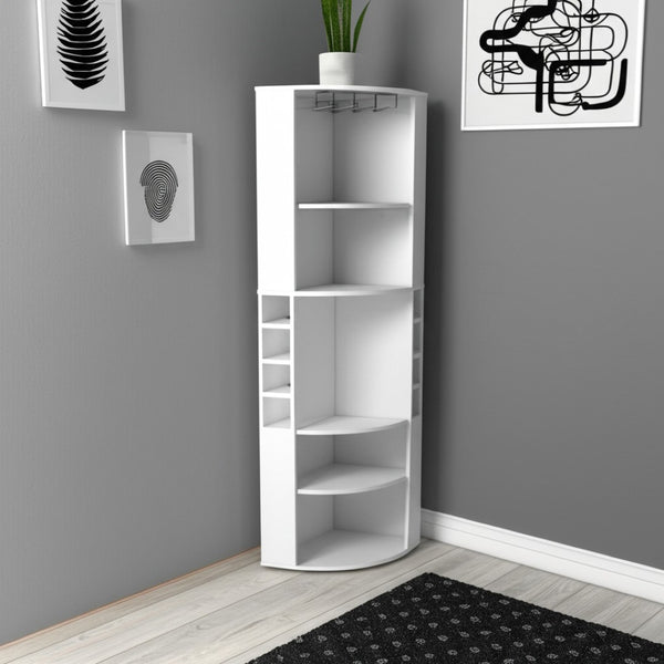HomeRoots 71" White Wood Corner Bar Cabinet – Space-Saving Design with Wine Storage & Glassware Display for Home 552280