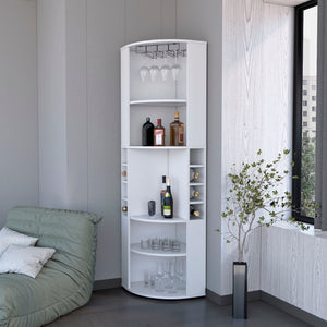 HomeRoots 71" White Wood Corner Bar Cabinet – Space-Saving Design with Wine Storage & Glassware Display for Home 552280