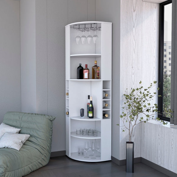 HomeRoots 71" White Wood Corner Bar Cabinet – Space-Saving Design with Wine Storage & Glassware Display for Home 552280