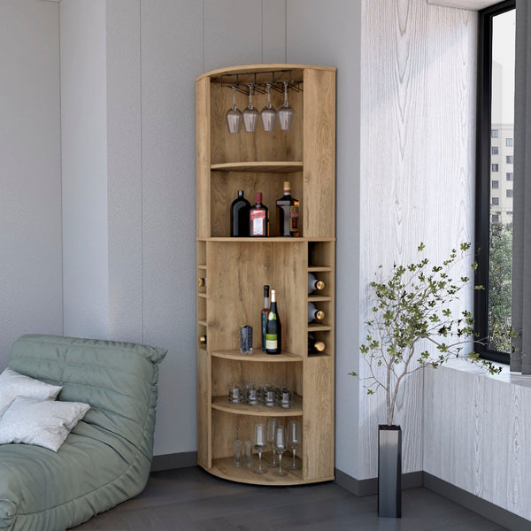 HomeRoots 71" Natural Wood Corner Bar Cabinet - Stylish Space-Saving Design for Elegant Home Entertaining! 552281