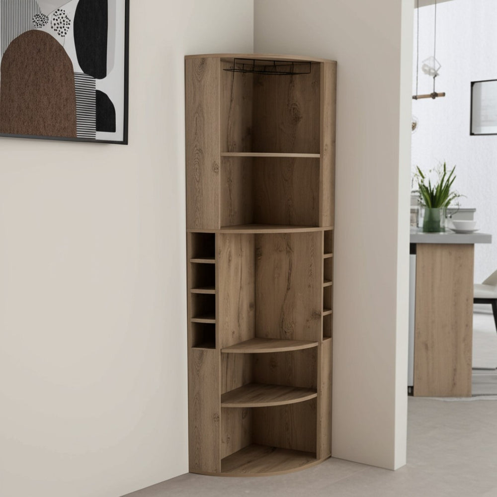 HomeRoots 71" Natural Wood Corner Bar Cabinet - Stylish Space-Saving Design for Elegant Home Entertaining! 552281