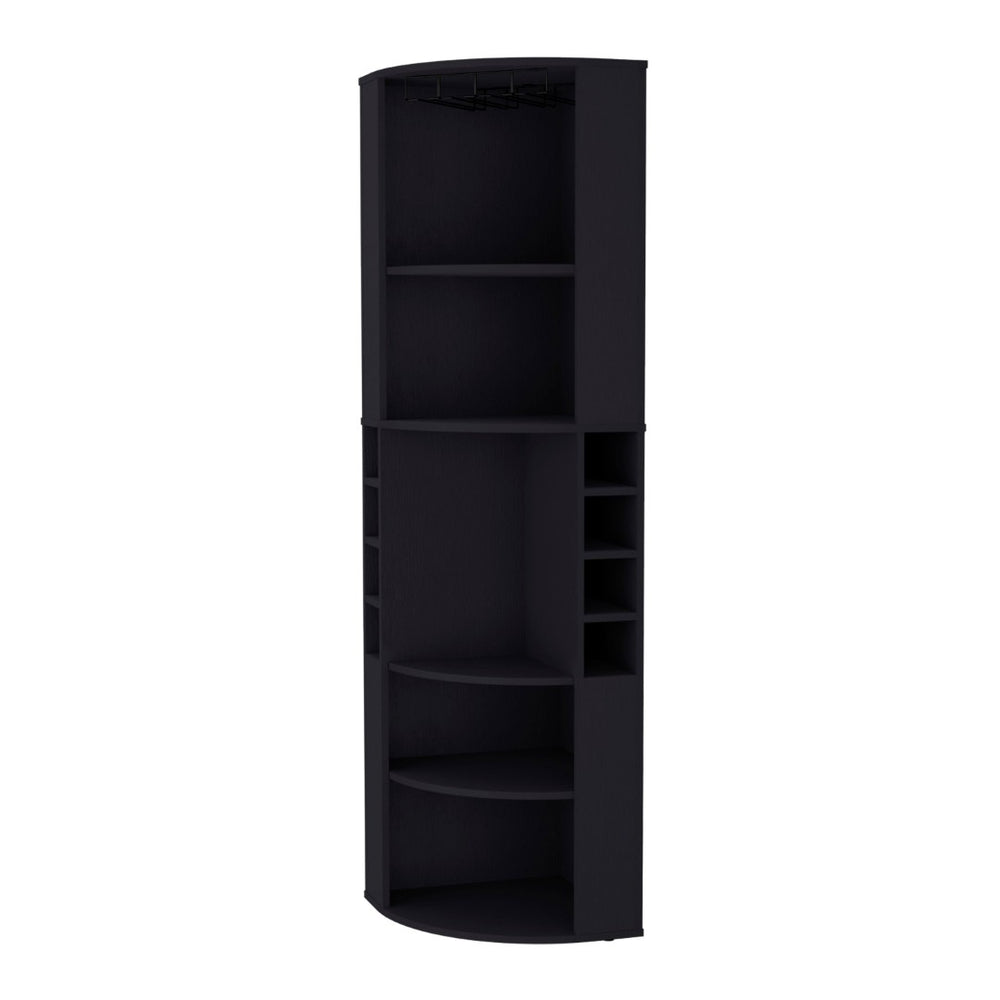 HomeRoots 71" Stylish Black Wood Corner Bar Cabinet - Space-Saving Design for Bottles, Glassware & Accessories 552282