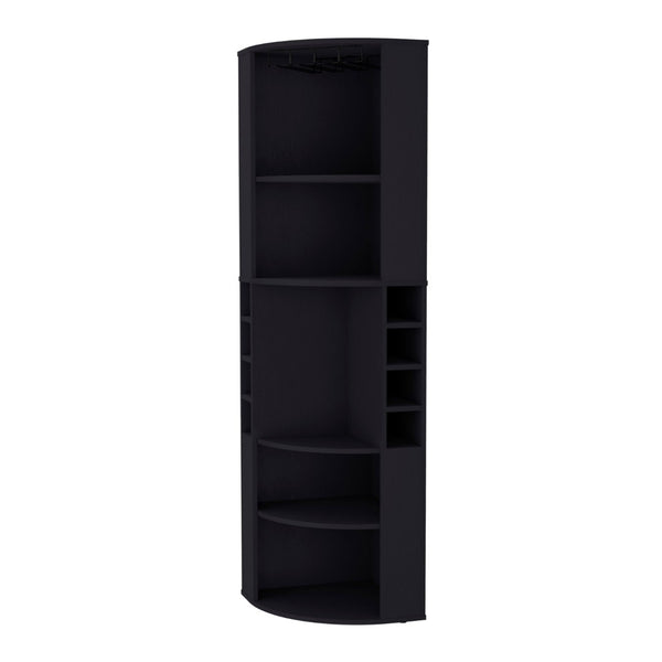 HomeRoots 71" Stylish Black Wood Corner Bar Cabinet - Space-Saving Design for Bottles, Glassware & Accessories 552282