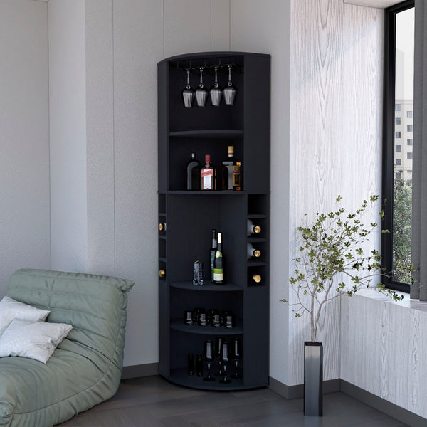 HomeRoots 71" Stylish Black Wood Corner Bar Cabinet - Space-Saving Design for Bottles, Glassware & Accessories 552282
