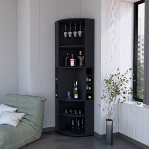 HomeRoots 71" Stylish Black Wood Corner Bar Cabinet - Space-Saving Design for Bottles, Glassware & Accessories 552282