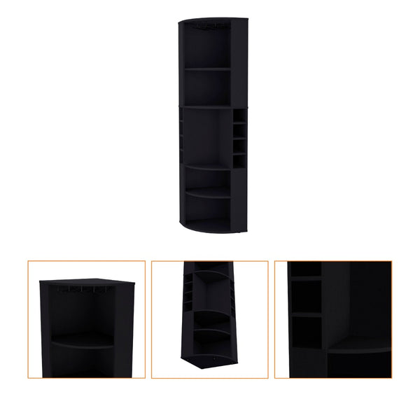 HomeRoots 71" Stylish Black Wood Corner Bar Cabinet - Space-Saving Design for Bottles, Glassware & Accessories 552282