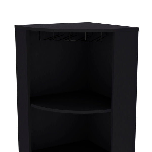 HomeRoots 71" Stylish Black Wood Corner Bar Cabinet - Space-Saving Design for Bottles, Glassware & Accessories 552282