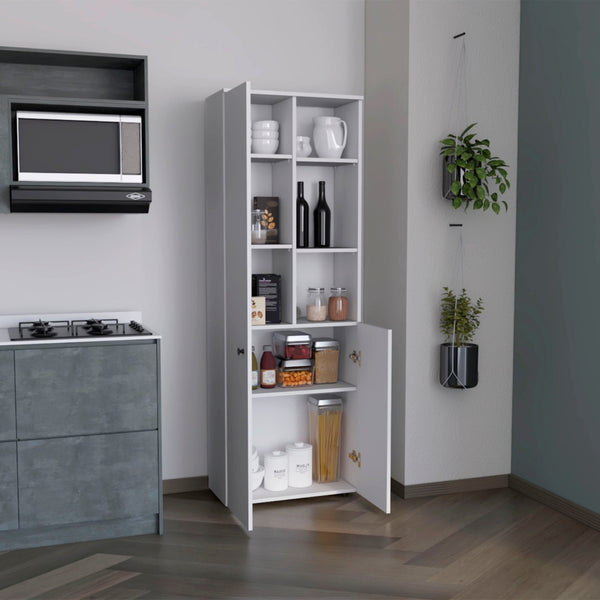 HomeRoots 67" White Modern Storage Cabinet - Space-Saving Pantry Organizer with 8 Shelves for Any Room 552289