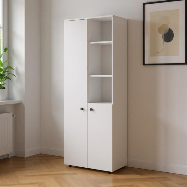 HomeRoots 67" White Modern Storage Cabinet - Space-Saving Pantry Organizer with 8 Shelves for Any Room 552289