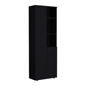HomeRoots 67" Black Wood Pantry - Stylish Two-Door Storage Closet with 8 Shelves for Organized Living Spaces 552290