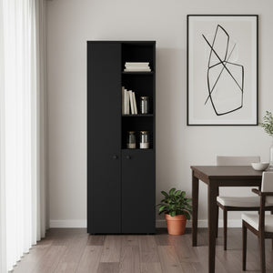 HomeRoots 67" Black Wood Pantry - Stylish Two-Door Storage Closet with 8 Shelves for Organized Living Spaces 552290