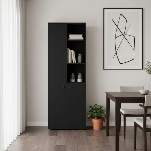 HomeRoots 67" Black Wood Pantry - Stylish Two-Door Storage Closet with 8 Shelves for Organized Living Spaces 552290