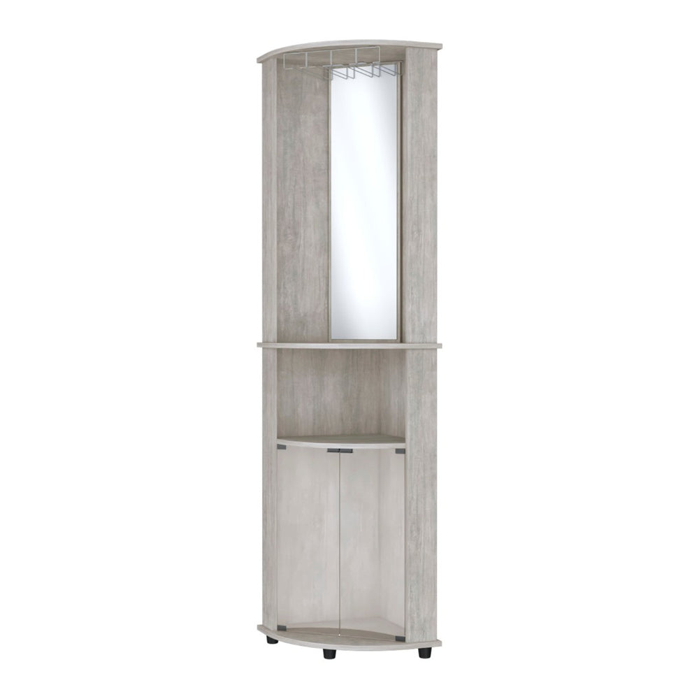 HomeRoots 75" Gray Wood Corner Bar Cabinet - Stylish Space-Saving Storage with Glass Doors for Any Room 552291