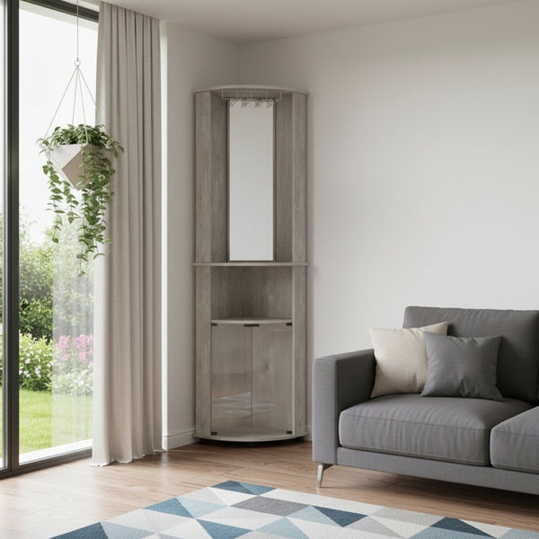 HomeRoots 75" Gray Wood Corner Bar Cabinet - Stylish Space-Saving Storage with Glass Doors for Any Room 552291