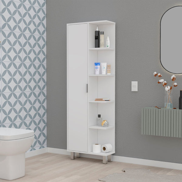 HomeRoots 63" Modern White Wood Pantry Storage Closet with 9 Shelves - Ideal for Compact Spaces & Style 552294