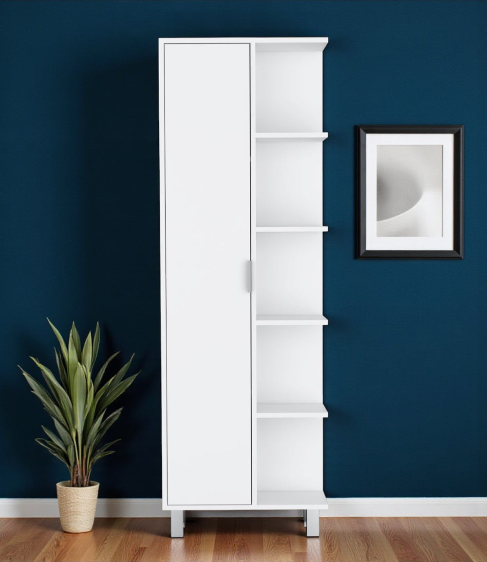 HomeRoots 63" Modern White Wood Pantry Storage Closet with 9 Shelves - Ideal for Compact Spaces & Style 552294