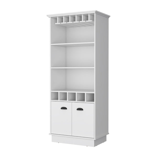 HomeRoots 29" White Wood Bar Cabinet - Modern Two-Door Design, Elegant Storage for Drinks & Glassware Essentials 552295