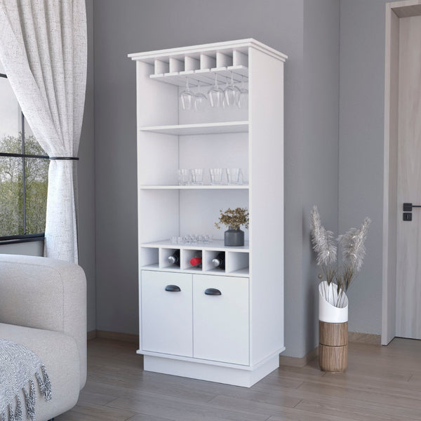 HomeRoots 29" White Wood Bar Cabinet - Modern Two-Door Design, Elegant Storage for Drinks & Glassware Essentials 552295