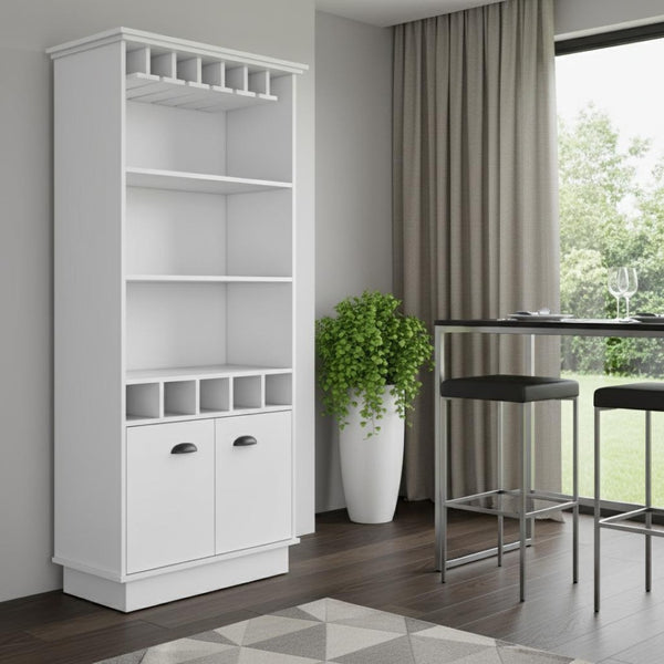 HomeRoots 29" White Wood Bar Cabinet - Modern Two-Door Design, Elegant Storage for Drinks & Glassware Essentials 552295