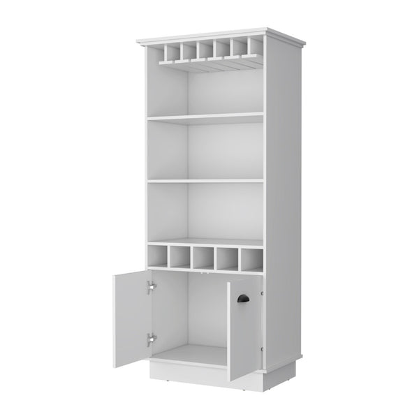 HomeRoots 29" White Wood Bar Cabinet - Modern Two-Door Design, Elegant Storage for Drinks & Glassware Essentials 552295